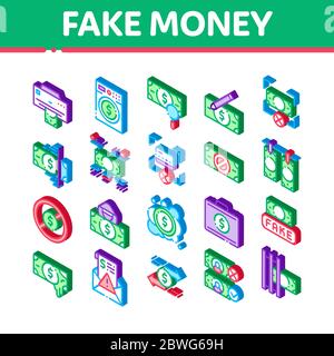 Fake Money Isometrische Elemente Symbole Set Vektor Stock Vektor