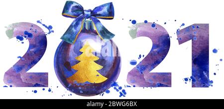 Neujahr 2021 Aquarell Nummer mit Weihnachtsschmuck isoliert auf dem weißen Hintergrund Stockfoto