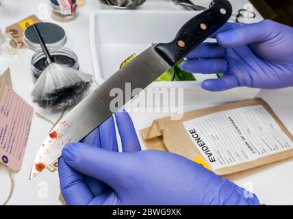 Wissenschaftler nimmt Proben von einem Messer im Labor, in der konzeptionellen Bild Stockfoto