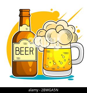 Bierfest. Zwei Hände halten die Bierflasche und das Bierglas. Vektorgrafik Stock Vektor