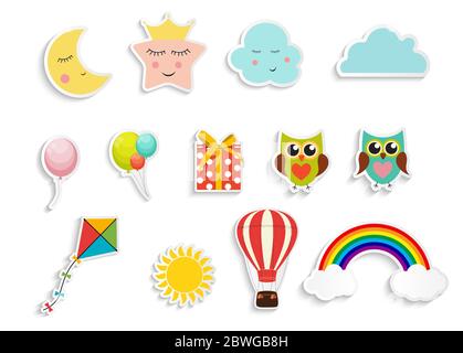 Kinder Aufkleber mit Luftballons, Geschenkbox Eule, Stern, Wolke, Drachen Sammlung Set Vektor Illustration Stock Vektor
