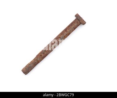 Alte rostige Schraube isoliert auf weißem Hintergrund, Schraube verschraubt Draufsicht Stockfoto