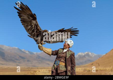 Adlerjäger und sein Goldener Adler mit weit ausgebreiteten Flügeln, in Issyk Kul, Kirgisistan Stockfoto