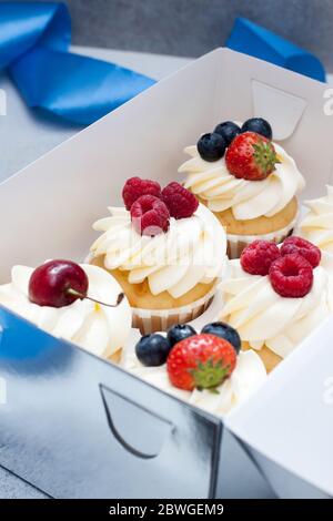 Cupcakes mit Schlagsahne, frischen Kirschen, Himbeeren, Heidelbeeren, Erdbeeren in Geschenkbox mit blauem Band. Stockfoto