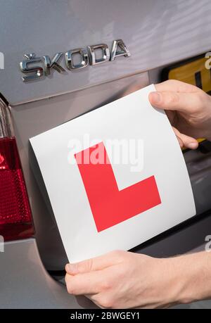 Nahaufnahme von Teenager-Lernfahrer Hinzufügen L Platte zu seinem Eltern Auto Stockfoto