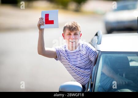 Teenager-Lernfahrer feiert Bestehen seiner Fahrprüfung winken seine L-Platten in der Luft. Stockfoto