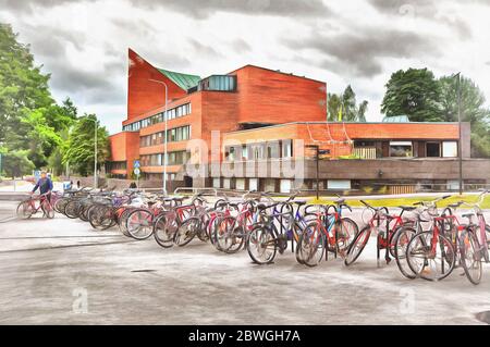 Hauptgebäude der Otaniemi Universität, farbenfrohe Malerei, 1975, Helsinki, Finnland Stockfoto