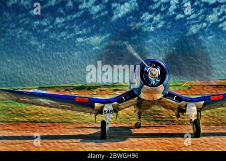 Militärflugzeug des Zweiten Weltkriegs, das vom Start- und Landebahn des Imperial war Museum of Duxford in England abfliegt. Stockfoto