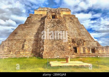 Pyramide des Magician farbenfrohe Malerei, Maya zerstörte Stadt, 9. Jahrhundert, Uxmal, Yucatan, Mexiko Stockfoto