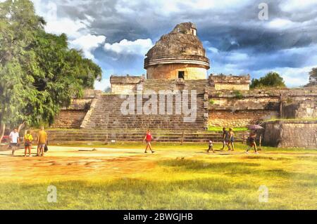 El Caracol, Observatorium Tempel bunte Malerei, Maya ruiniert Stadt, 11. Jahrhundert, Chichen Itza, Yucatan, Mexiko Stockfoto