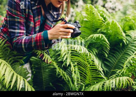 Junge Frau Fotografin, die Fotos auf Digitalkamera im Sommerpark. Glücklich Freiberufler, die Bilder von Farn Stockfoto