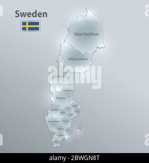 Schweden Karte und Flagge, administrative Teilung, trennt Regionen und Namen einzelnen Region, Design-Glas-Karte 3D-Vektor Stock Vektor
