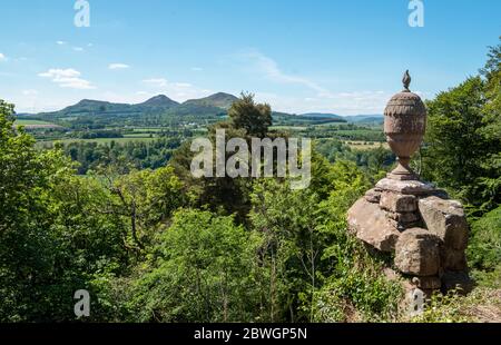 Die Urne vor der William Wallace Statue auf dem Bemersyde Anwesen, nahe Melrose in den Scottish Borders ist eine Statue, die an William Wallace erinnert. Stockfoto