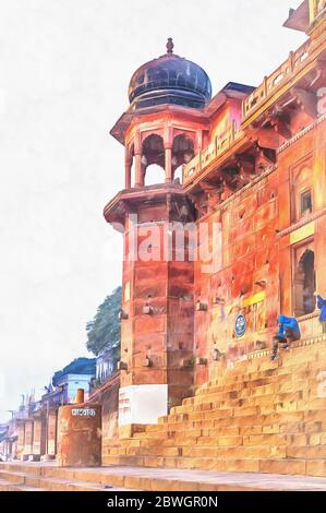 Chet Singh Fort bunte Malerei, Stadtbild von Ganges, Varanasi, Uttar Pradesh, Indien Stockfoto