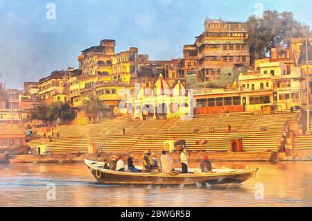 Stadtbild von Ganges Bunte Malerei, Varanasi, Uttar Pradesh, Indien Stockfoto