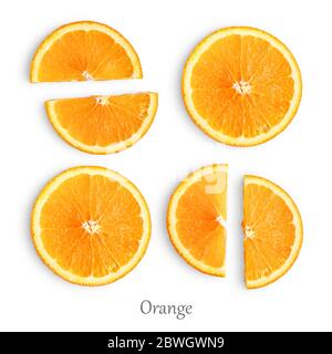 Orangenscheiben isoliert auf weißem Hintergrund Stockfoto