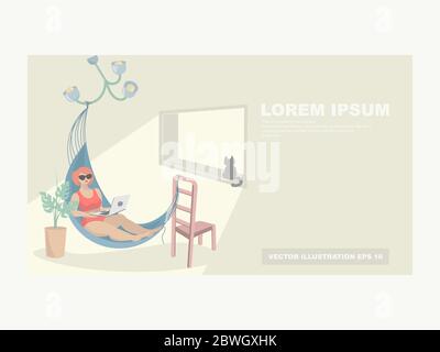 Eine Frau in einer Hängematte mit einem Laptop ruht sich aus und arbeitet in einer Wohnung. Urlaub zu Hause. Das Konzept der Arbeit zu Hause, zu Hause Ruhe Stock Vektor