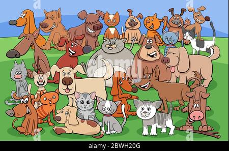 Cartoon Illustration von Katzen und Hunde Tier Comic Charaktere Gruppe Stock Vektor