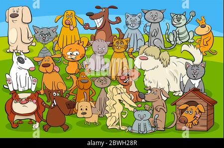 Cartoon Illustration von Hunde und Katzen Tier Charaktere Gruppe Stock Vektor