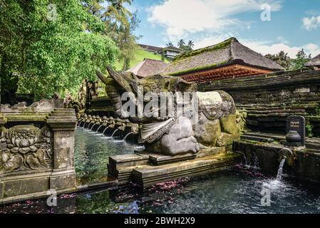 Heiliges Quellwasser des heiligen Pools am Pura Tirta Empul Tempel, Tampaksiring, Bali, Indonesien. Stockfoto