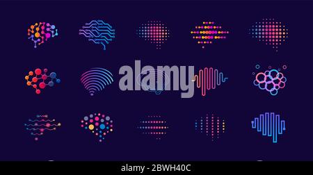 Satz von abstrakten Punkten und Linien Gehirn Logotypen Konzept. Logo für Wissenschaft Innovation, maschinelles Lernen, ai, medizinische Forschung, neue Technologie Stock Vektor