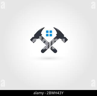 Logo mit gekreuzten Hämmern. Home Reparaturen Emblem. Symbol für Fixierung, Reparatur von Werkzeugen. Fensterinstallation, Wartungsservice. Zeichen für Geräteeinstellungen. Arbeitskräfte Stock Vektor