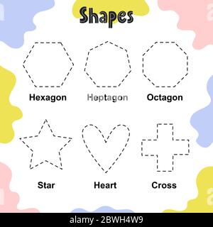 Arbeitsblatt für die Verfolgung von Formen für Kinder. Sechskant, Siebeneck Stock Vektor