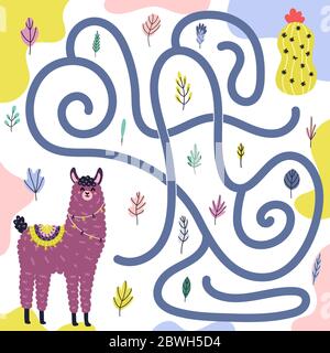 Helfen Sie dem niedlichen Lama, um den Kaktus zu bekommen Stock Vektor