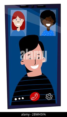Videokonferenz für drei Personen.Gespräch auf Smartphone-Bildschirm. Vektor-Illustration flach Stil Stock Vektor