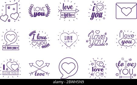 Ich liebe dich Texte Linienstil Symbol Set Vektor-Design Stock Vektor