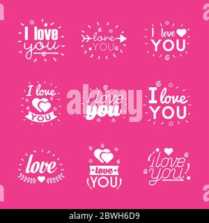 Ich liebe dich Texte flach Stil Symbol Set Vektor-Design Stock Vektor