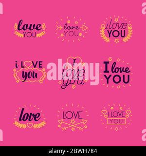 Ich liebe dich Texte Linienstil Symbol Set Vektor-Design Stock Vektor