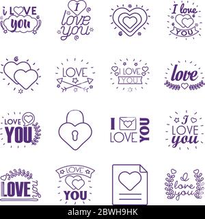 Ich liebe dich Texte Linienstil Symbol Set Vektor-Design Stock Vektor