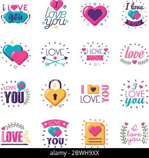 Ich liebe dich Texte flach Stil Symbol Set Vektor-Design Stock Vektor