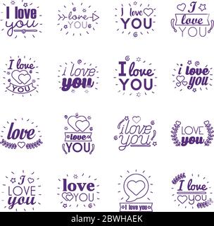 Ich liebe dich Texte Linienstil Symbol Set Vektor-Design Stock Vektor