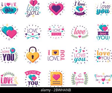 Ich liebe dich Texte flach Stil Symbol Set Vektor-Design Stock Vektor