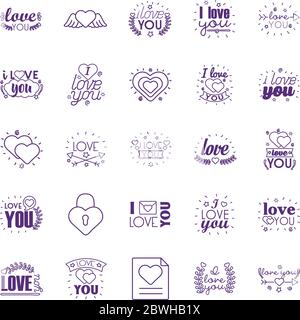 Ich liebe dich Texte Linienstil Symbol Set Vektor-Design Stock Vektor