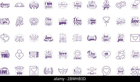 Ich liebe dich Texte Linienstil Symbol Set Vektor-Design Stock Vektor