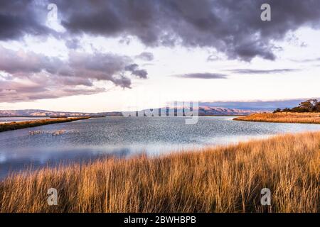 Blick auf den Sonnenuntergang auf die restaurierten Feuchtgebiete der South San Francisco Bay Area, mit dunklen Wolken, die sich auf der Wasseroberfläche und Diablo Mountain Range VISIB spiegeln Stockfoto