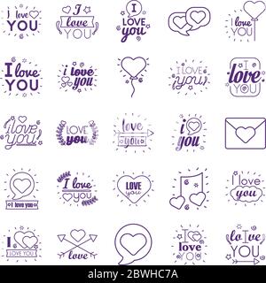 Ich liebe dich Texte Linienstil Symbol Set Vektor-Design Stock Vektor