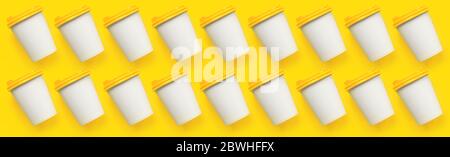 Viele Take Away Kaffeetassen auf farbigen Hintergrund Stockfoto