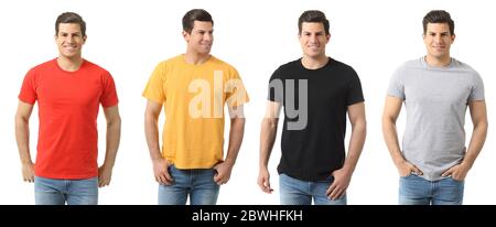 Collage mit Männern in stylischen T-Shirts auf weißem Hintergrund Stockfoto