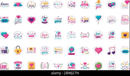 Ich liebe dich Texte flach Stil Symbol Set Vektor-Design Stock Vektor