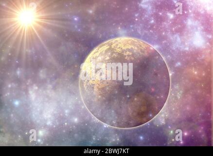 Unbekannter Fantasy-Planet im Weltraum Staub, Astro 3D-Illustration Stockfoto