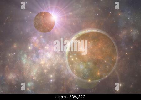 Deep Space Alien Planet, Fantasy Universum 3d-Illustration Stockfoto