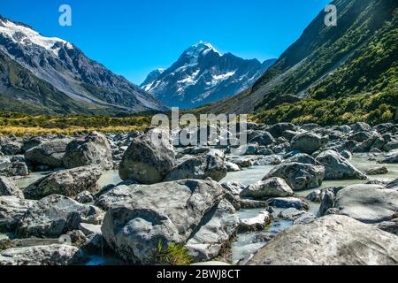 Mount Cook vom Hooker Valley, Mt Cook ist der höchste Berg Neuseelands Stockfoto