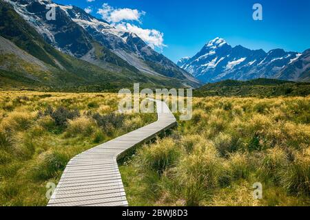 Mount Cook vom Hooker Valley, Mt Cook ist der höchste Berg Neuseelands Stockfoto