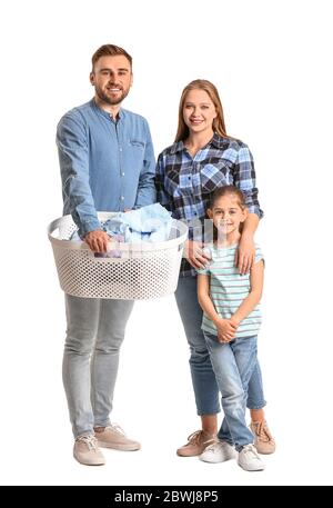 Familie mit Wäsche auf weißem Hintergrund Stockfoto