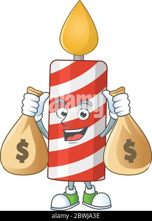Ein bescheidenes, reiches Kerzenkarikaturcharakter-Design mit Geldbeuteln Stock Vektor