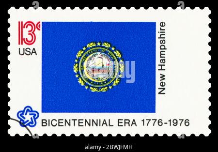 VEREINIGTE STAATEN VON AMERIKA - UM 1976: Eine Briefmarke, die in den USA gedruckt wurde und New Hampshire gewidmet ist, um 1976. Stockfoto